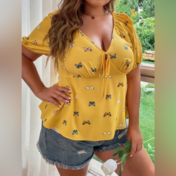 Shein Curve 4XL Yellow Butterfly Print Tie Front Puff Sleeve Peplum Blouse NWOT - Picture 5 of 10